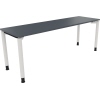 Schreibtisch in lavagrau mit verkehrsweißen Rundrohrbeinen, montiert und frontal abgebildet.