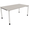 Lichtgrauer Schreibtisch mit vier Rundrohrbeinen in verkehrsweiß, Maße 160 x 68-82 x 90 cm.