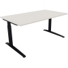 Schreibtisch mit flacher Kufe, weißer Oberfläche und anthrazitmetallicfarbenen Beinen.
