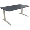 Schreibtisch mit flachgeformten Beinen in lavagrau und silberaluminium, rechteckige Tischplatte.