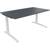 Schreibtisch mit lavagrauer Oberfläche und weißen Flachkufen aus Quadratrohr.
