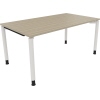Schreibtisch in Eichenoptik mit weißen Rundrohrbeinen, Maße 1.600 x 680-820 x 900 mm.