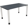 Schreibtisch mit lavagrauem Tischblatt und weißem Vierfußgestell, Seitenansicht.