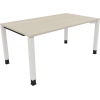 Schreibtisch mit hellen Akaziefarben und weißen Vierfuß-Rohren, Maße 1.600 x 680-820 x 900 mm.