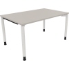 Schreibtisch mit lichtgrauem Tischblatt und weißen Rundrohrbeinen, seitliche Ansicht.