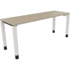 Schreibtisch mit natürlicher Eichenholzoptik und weißen Vierfußbeinen, rechte Ansicht.