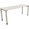 Schreibtisch mit vier Füßen, diamantweißer Tischplatte und silberaluminiumfarbigen Beinen.