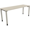 Schreibtisch mit hellen Akazien-Oberfläche und silberaluminiumfarbenen Vierfuß-Rundrohrgestell.