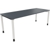 Schreibtisch mit lavagrauem Tischblatt und weißen Vierfuß-Rundrohrbeinen, seitliche Ansicht.
