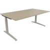 Schreibtisch in Eiche natur mit silberaluminium Gestell, Maße 1.800 x 650-850 x 1.000 mm.