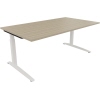 Schreibtisch in Naturholzoptik mit weißen Beinen, Maße 180 x 65-85 x 100 cm.