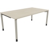 Schreibtisch mit hellen Akazienplatten und silbernen Rundrohren, 180x68-82x100 cm.
