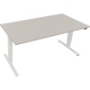 Lichtgrauer Schreibtisch mit verstellbarer Höhe und weißen Tischgestell, Maße 160 x 80 cm.