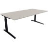 Schreibtisch mit flacher Kufe, maß 2000 x 650-850 x 1000 mm, in lichtgrau und anthrazitmetallic.