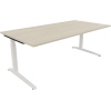 Schreibtisch mit hellen Akazien-Oberfläche und weißen Beinen, 2000 x 650-850 x 1000 mm.