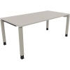 Schreibtisch in lichtgrau mit vier Füßen aus Quadratrohr, Ansicht von der Seite.