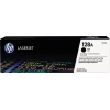 HP Toner 128A schwarz in Verpackung mit Druckinformationen und Barcode auf schwarzem Hintergrund.