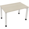 Schreibtisch mit hellen Akazienoberfläche und weißen Vierfuß-Rohren, Maß 1200 x 680-820 x 700 mm.