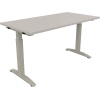 Schreibtisch in lichtgrau, Maße 1400 x 650-850 x 700 mm, mit Flachkufe und Quadratrohrgestell.