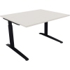 Schreibtisch mit flacher Oberfläche in diamantweiß und anthrazitmetallic, höhenverstellbar.