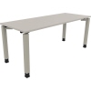 Schreibtisch mit lichtgrau silberaluminium Vierfußgestell und rechteckiger Tischplatte.