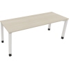 Schreibtisch in heller Akazie mit vier weißen Quadratrohrbeinen, Maße 2000 x 680-820 x 700 mm.