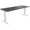 Schreibtisch mit flacher Kufe und höhenverstellbarem Gestell in lavagrau und verkehrsweiß.