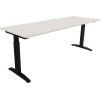 Schreibtisch mit rechteckiger Tischplatte in Weiß und schwarzen, verstellbaren Beinen.