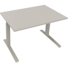 Lichtgrauer Schreibtisch mit verstellbarer Höhe in silberaluminium, Maß 1.200 x 645-1.275 x 800 mm.