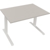 Lichtgrauer Schreibtisch mit rechteckiger Tischplatte und weißen Metallbeinen.