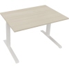 Schreibtisch mit hellen Akazienoberfläche und weißen Metallbeinen, Maße: 1200 x 800 mm.