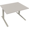 Schreibtisch in lichtgrau mit verstellbaren Füßen, Maße 1.200 x 645-1.275 x 900 mm.