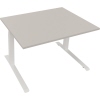 Schreibtisch in lichtgrau mit weißen Beinen, Maß 1.200 x 645-1.275 x 900 mm.
