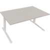 Lichtgrauer Schreibtisch mit weißen Füßen, rechteckige Form und verstellbarer Höhe.