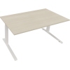 Schreibtisch in heller Akazie mit weißen Metallbeinen, Maße 1.600 x 645-1.275 x 900 mm.