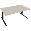 Lichtgrauer Schreibtisch mit anthrazitfarbenem Gestell, rechteckige Form und verstellbare Höhe.