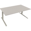 Lichtgrauer Schreibtisch mit rechteckiger Tischplatte und stabilen Metallbeinen.