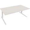 Weißer Schreibtisch mit einer rechteckigen Platte und zwei stabilen Beinen.