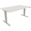 Schreibtisch in diamantweiß mit silberaluminiumbeschichtetem Gestell, Seitenansicht.