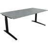 Schreibtisch mit einer hellen Betonoberfläche und anthrazitmetallic Füßen in Seitenansicht.