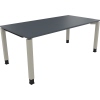 Schreibtisch mit quadratischen, silberaluminiumfarbigen Füßen und lavagrauem Tischplatte.