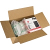 Luftpolsterkissen in einer offenen Kartonbox mit Produktinformationen und Dekoration.