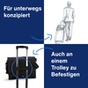 Schwarze Moderationstasche mit Trolley-Befestigung und Skizze einer Person mit Gepäck.