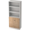 Regalschrank mit zwei Türen in weißer und heller Eichenoptik, höhenverstellbar.