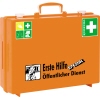 Oranger Erste-Hilfe-Koffer mit Aufschrift "Erste Hilfe SPEZIAL Öffentlich Dienst" und Symbolen.