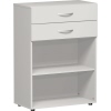 Regal in lichtgrau mit zwei Schubladen und einem offenen Fach darunter.