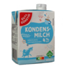 Kartonpackung für Kondensmilch mit Fettgehalt von 4 %, abgebildet auf grauem Hintergrund.