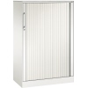 Weißer Rollladenschrank mit vertikalen Lamellen und Türgriff.