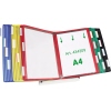 Sichttafelständer mit bunten Kunststoffrahmen und A4-Sichttafeln zur vertikalen Präsentation.