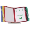 Sichttafelständer mit bunten Klarsichthüllen für A4-Dokumente auf einem stabilen Standfuß.